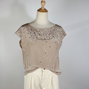 NWT TALBOTS Silk Rhinestone Embellished Taupe Boxy Blouse Womens Small
